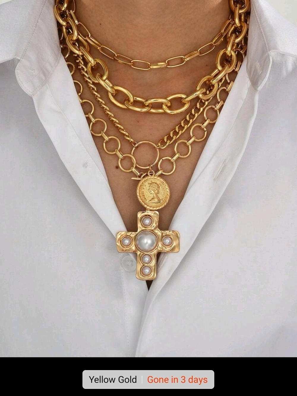 Gold Layered Pearl Cross Pendant Necklace - Women Jewelry